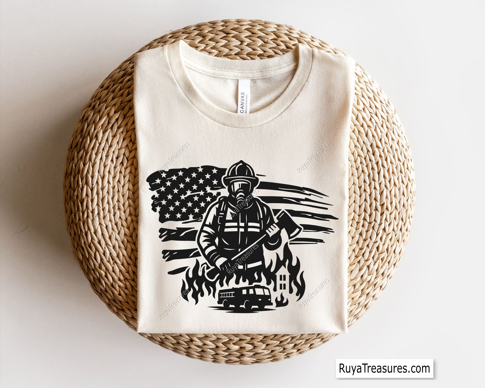 firefighter holding axe with usa flag background flames fire truck and building design for shirts decals and gifts