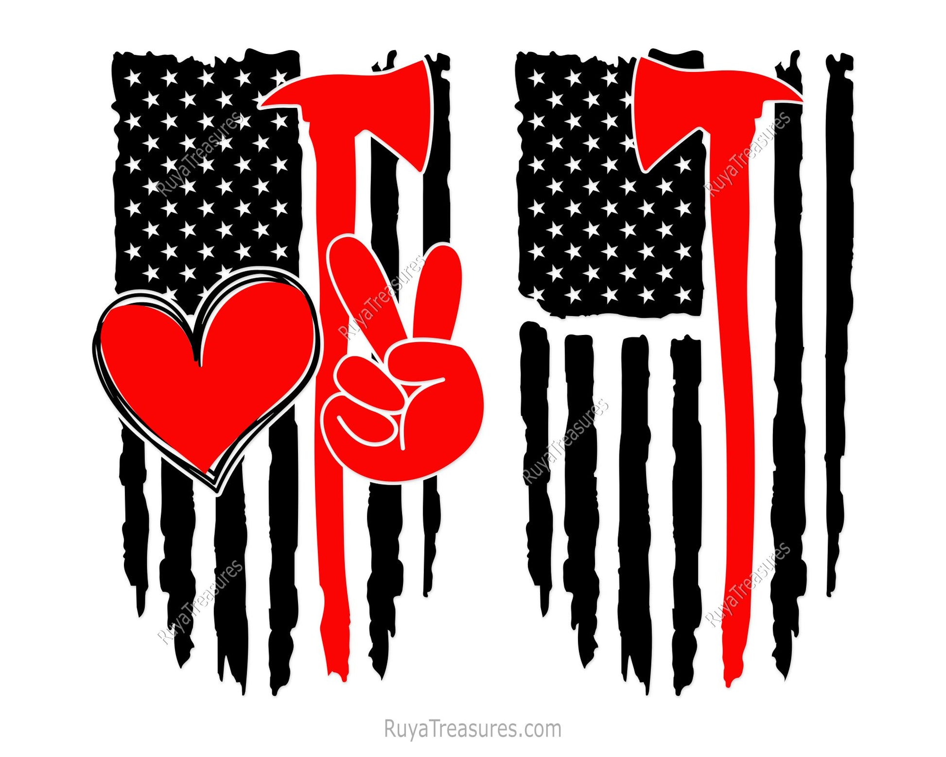 firefighter axe usa flag with thin red line heart and peace symbol design for shirts decals and gifts