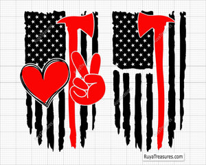 firefighter axe usa flag with thin red line heart and peace symbol design for shirts decals and gifts