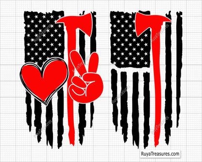 firefighter axe usa flag with thin red line heart and peace symbol design for shirts decals and gifts