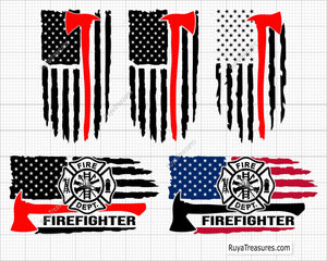 firefighter axe usa flag bundle with thin red line and fire dept emblem designs for shirts decals and gifts