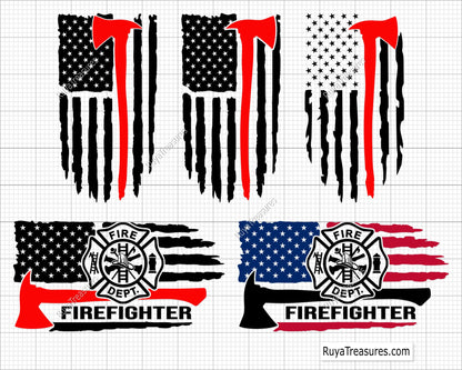firefighter axe usa flag bundle with thin red line and fire dept emblem designs for shirts decals and gifts