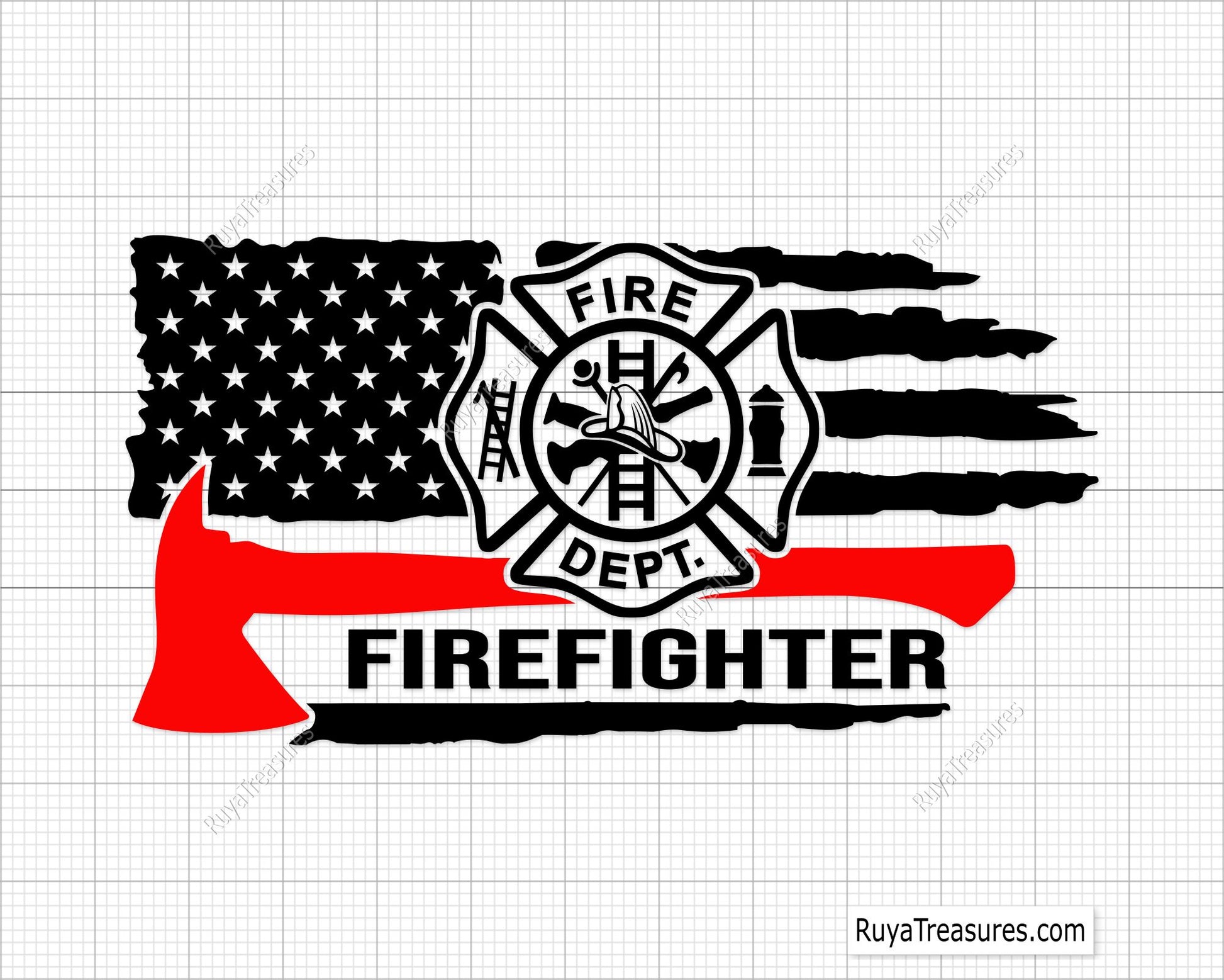 firefighter axe usa flag bundle with thin red line and fire dept emblem designs for shirts decals and gifts