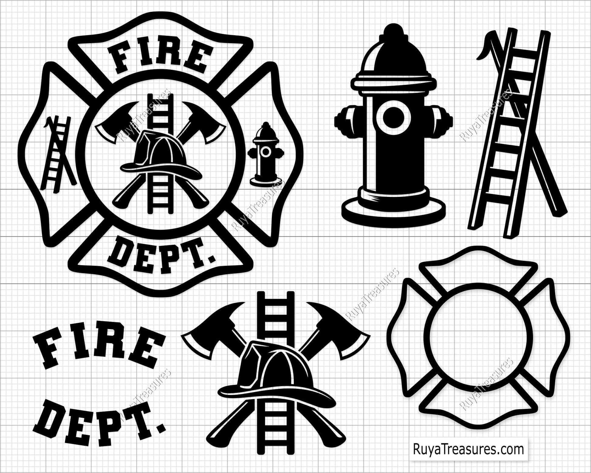 firefighter badge bundle svg fire dept maltese cross with tools hydrant ladder helmet for shirts decals engraving and custom projects