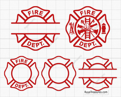 red firefighter badge template svg with maltese cross blank and detailed designs for shirts decals engraving and custom fire dept use