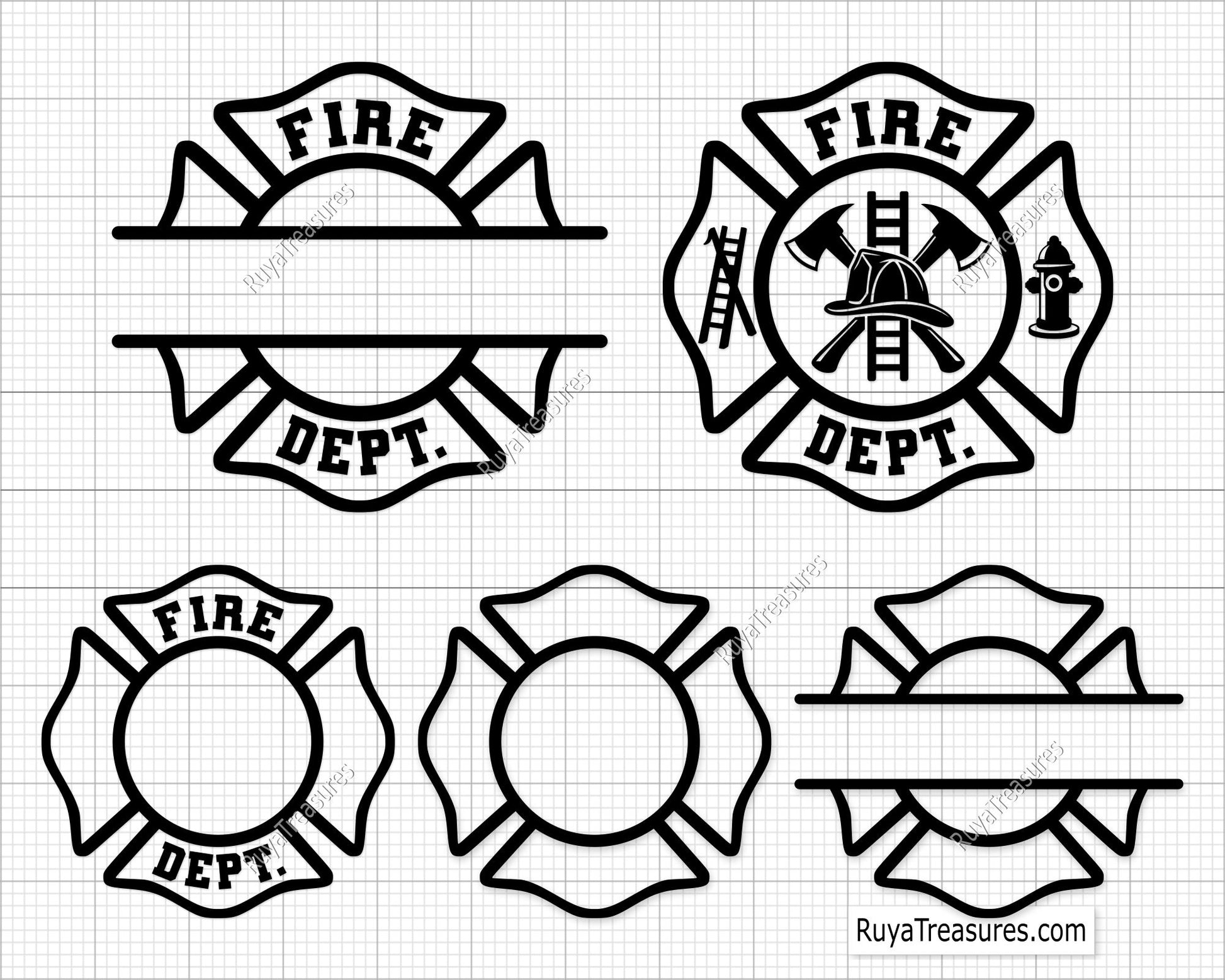 firefighter badge bundle svg fire dept maltese cross with tools hydrant ladder helmet for shirts decals engraving and custom projects