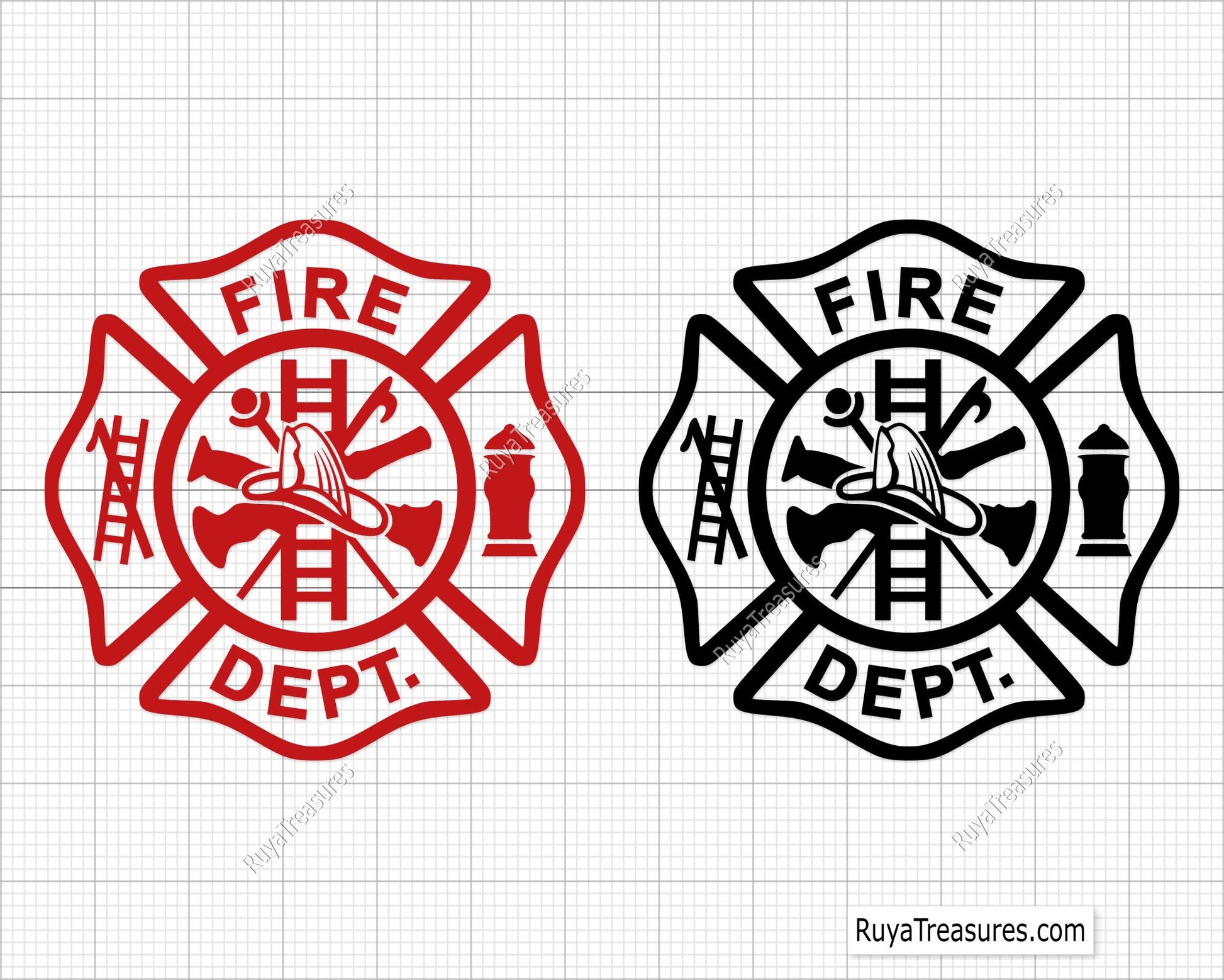 firefighter badge svg with fire dept maltese cross template and tools helmet ladder hydrant for shirts decals engraving