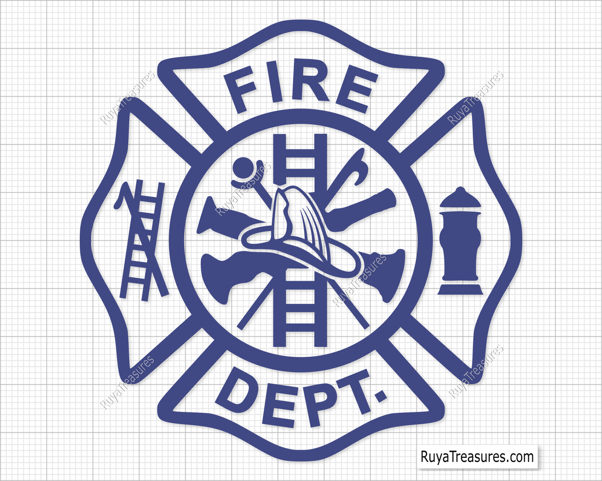 blue firefighter badge svg with fire dept maltese cross and tools helmet ladder hydrant for shirts decals engraving