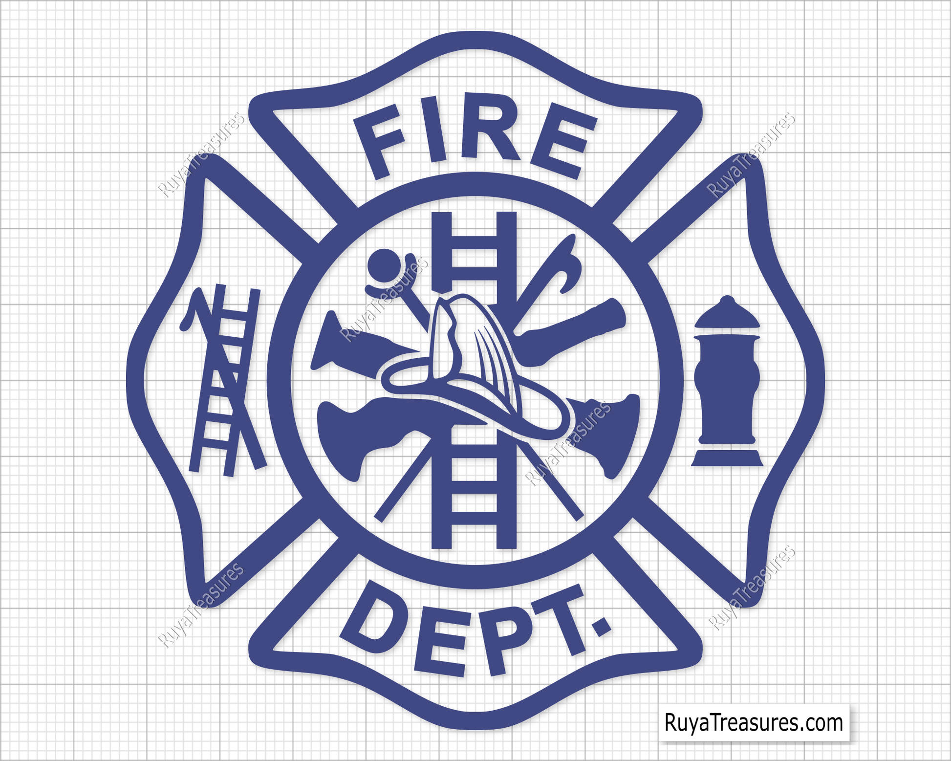 blue firefighter badge svg with fire dept maltese cross and tools helmet ladder hydrant for shirts decals engraving