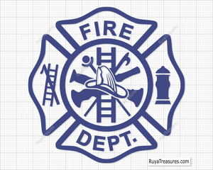 blue firefighter badge svg with fire dept maltese cross and tools helmet ladder hydrant for shirts decals engraving