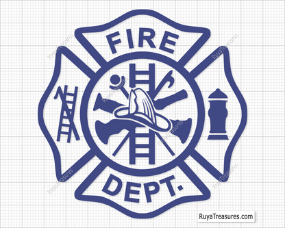 blue firefighter badge svg with fire dept maltese cross and tools helmet ladder hydrant for shirts decals engraving