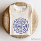 blue firefighter badge svg with fire dept maltese cross and tools helmet ladder hydrant for shirts decals engraving