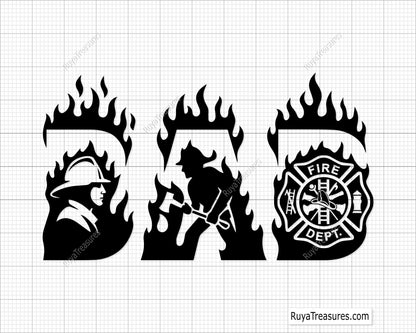 firefighter dad flame letters with fireman silhouette and fire department badge design for shirts gifts and decals