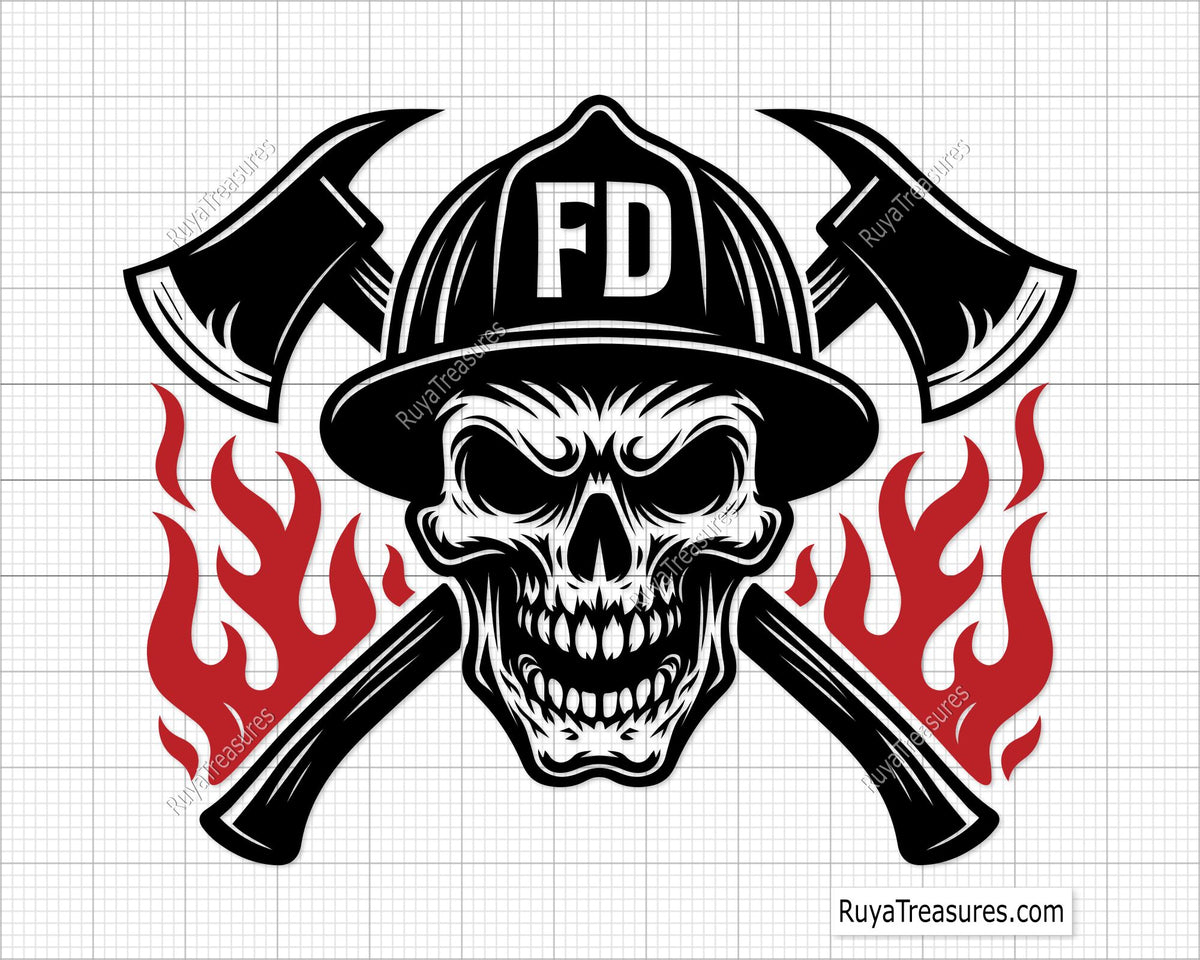 firefighter skull wearing helmet with crossed axes and flames design for decals apparel and firefighter themed projects