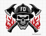 firefighter skull wearing helmet with crossed axes and flames design for decals apparel and firefighter themed projects