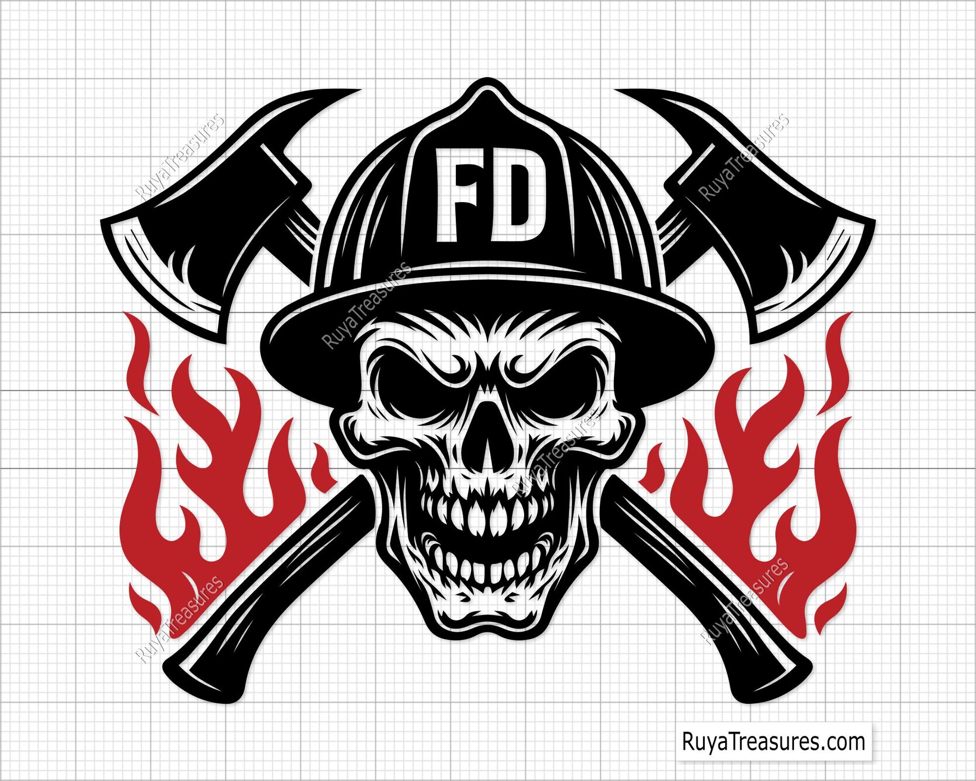 firefighter skull wearing helmet with crossed axes and flames design for decals apparel and firefighter themed projects