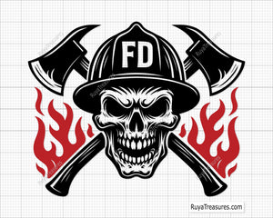firefighter skull wearing helmet with crossed axes and flames design for decals apparel and firefighter themed projects
