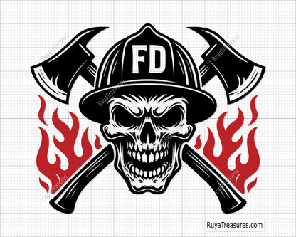 firefighter skull wearing helmet with crossed axes and flames design for decals apparel and firefighter themed projects