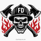 firefighter skull wearing helmet with crossed axes and flames design for decals apparel and firefighter themed projects