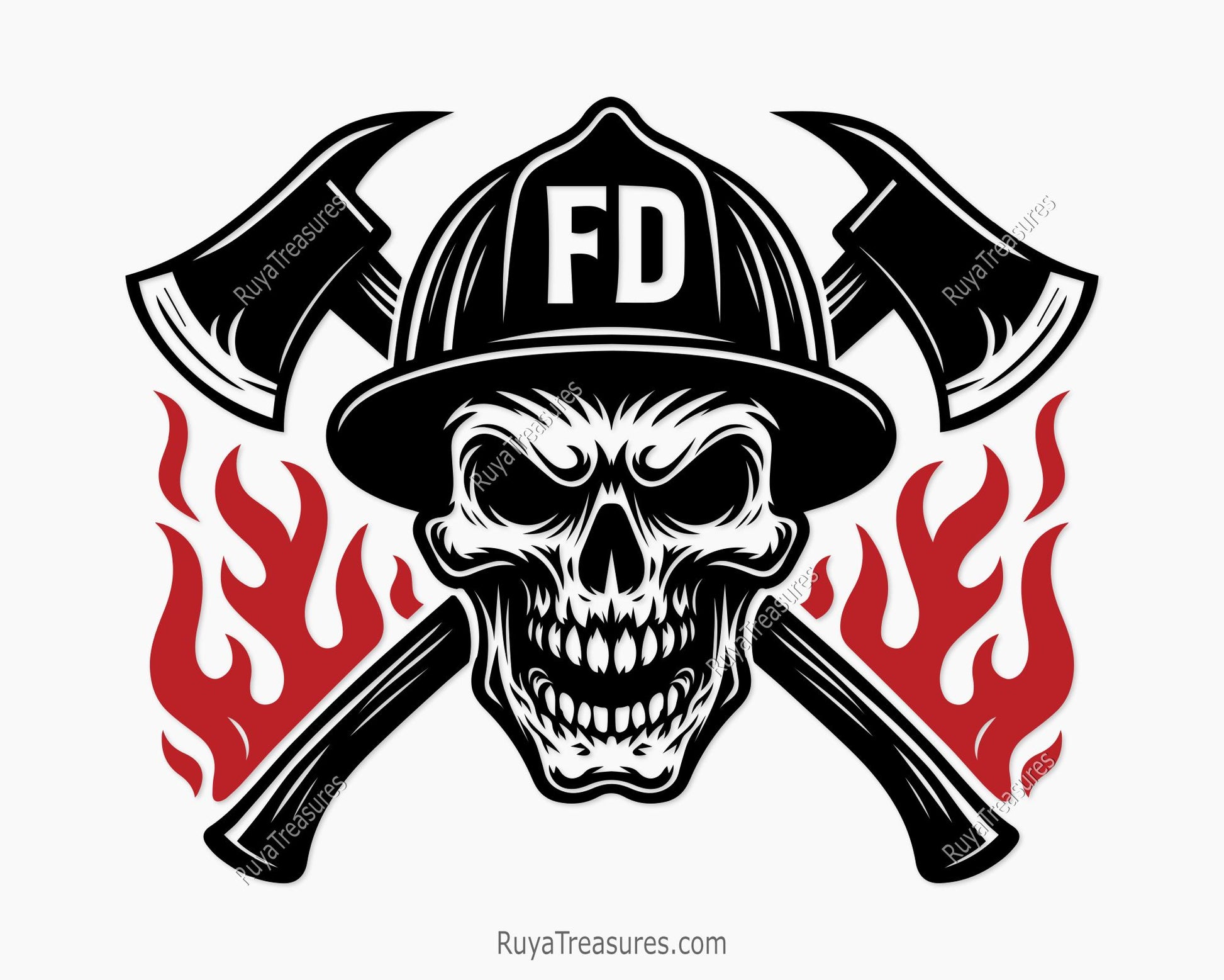 firefighter skull wearing helmet with crossed axes and flames design for decals apparel and firefighter themed projects