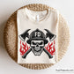 firefighter skull wearing helmet with crossed axes and flames design for decals apparel and firefighter themed projects