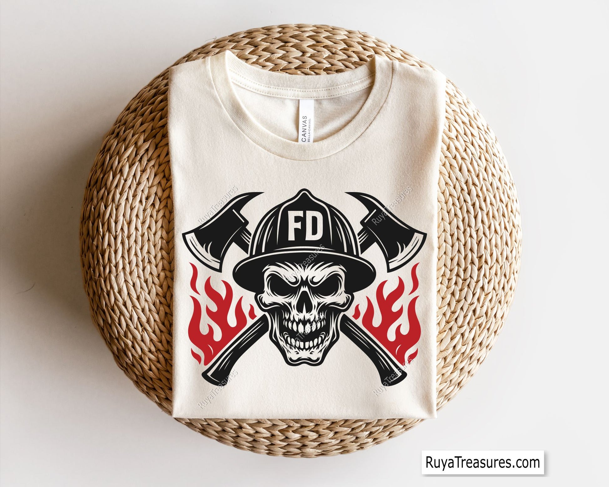firefighter skull wearing helmet with crossed axes and flames design for decals apparel and firefighter themed projects