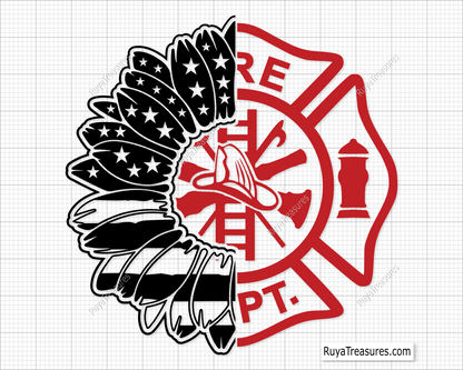 firefighter sunflower badge design with fire dept symbol for shirts decals and gifts