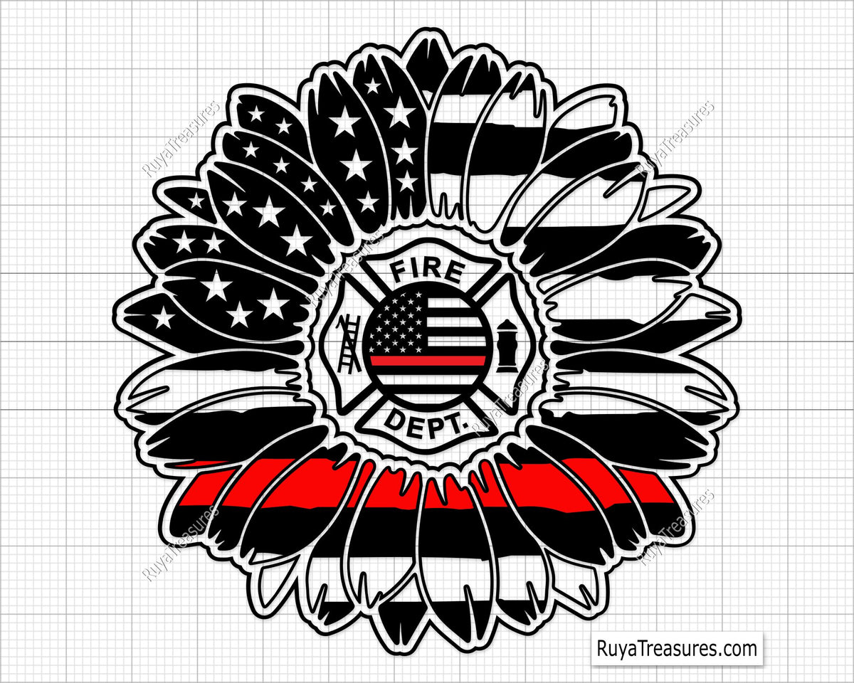 firefighter sunflower badge with thin red line and fire dept emblem for shirts decals gifts and firefighter support designs