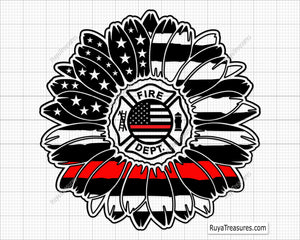 firefighter sunflower badge with thin red line and fire dept emblem for shirts decals gifts and firefighter support designs