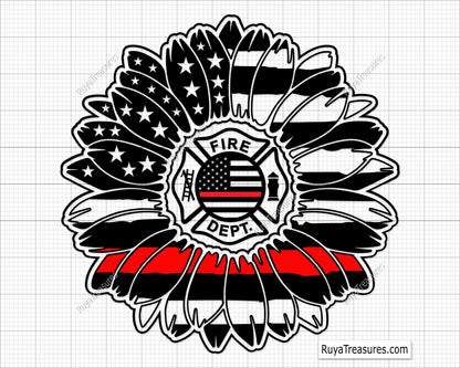 firefighter sunflower badge with thin red line and fire dept emblem for shirts decals gifts and firefighter support designs