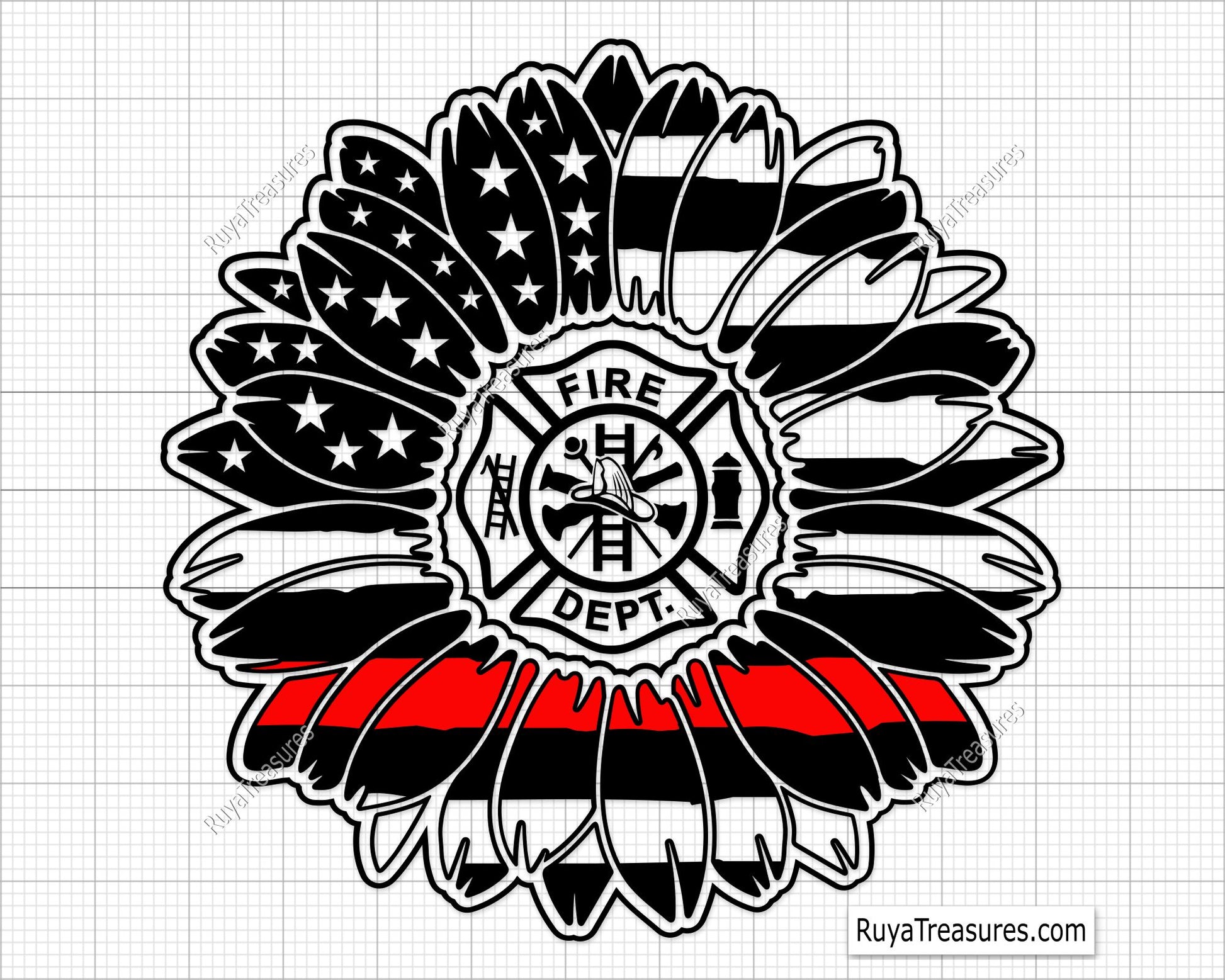 firefighter sunflower badge with thin red line and fire dept emblem for shirts decals gifts and firefighter support designs