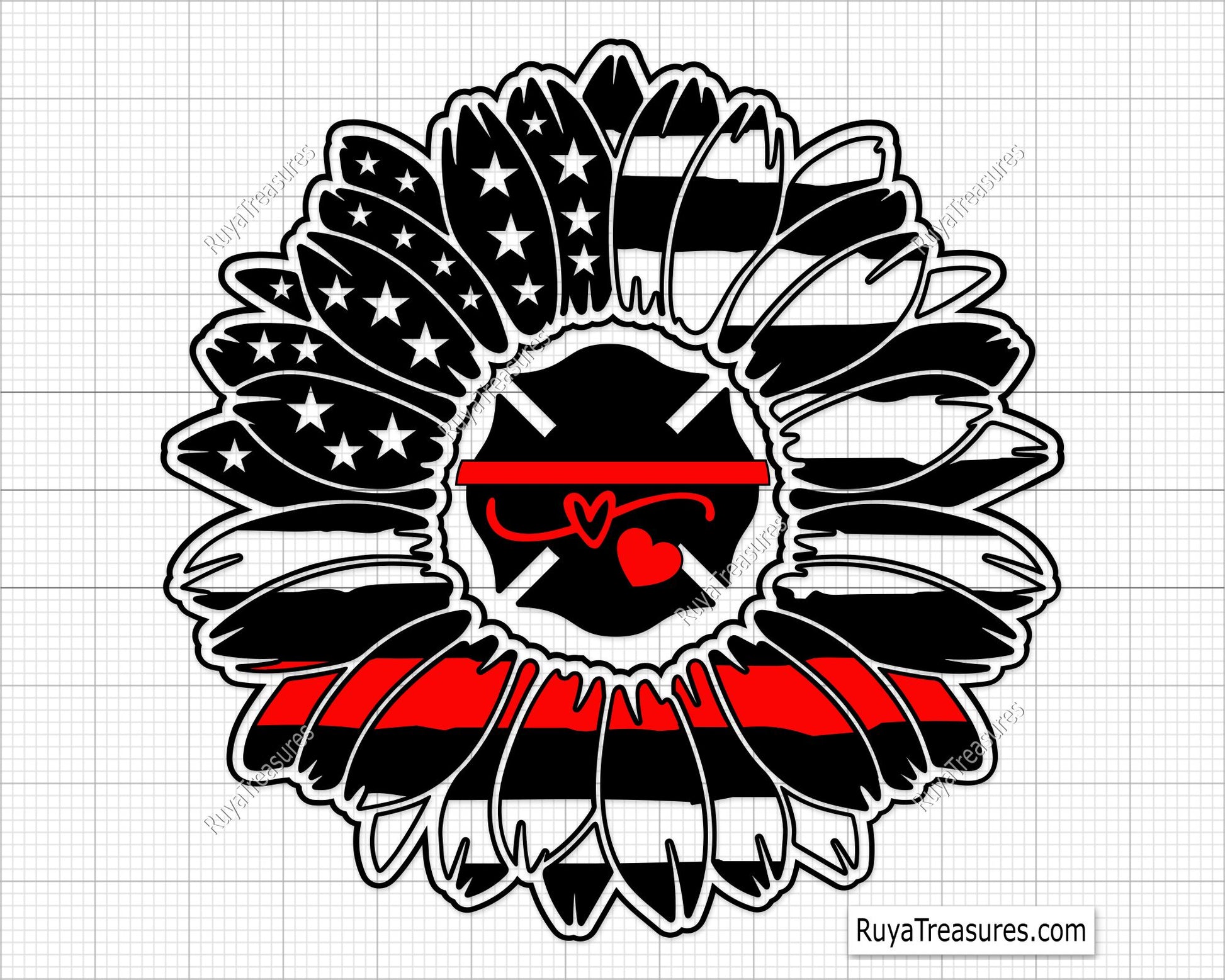 firefighter sunflower badge with thin red line and fire dept emblem for shirts decals gifts and firefighter support designs