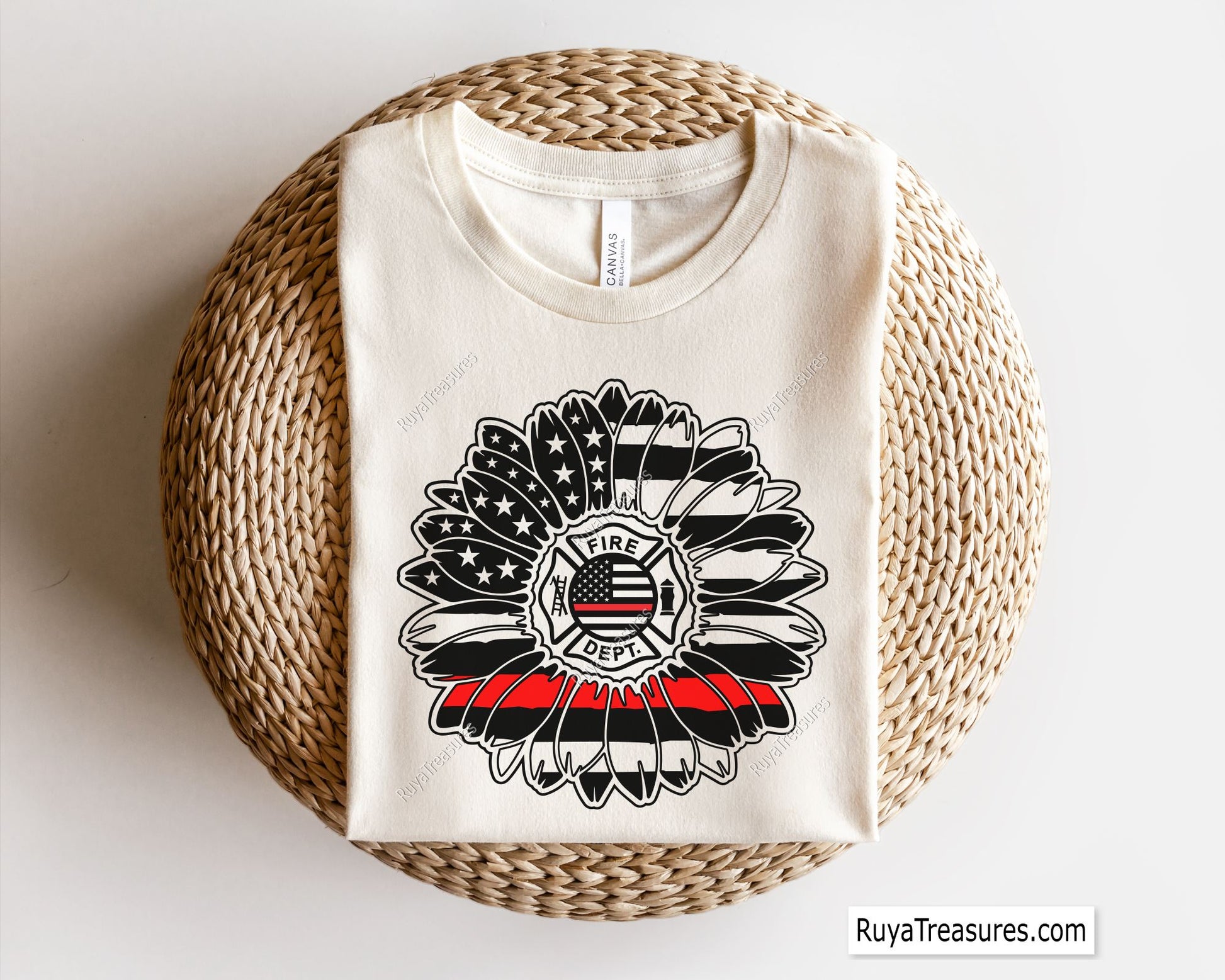 firefighter sunflower badge with thin red line and fire dept emblem for shirts decals gifts and firefighter support designs