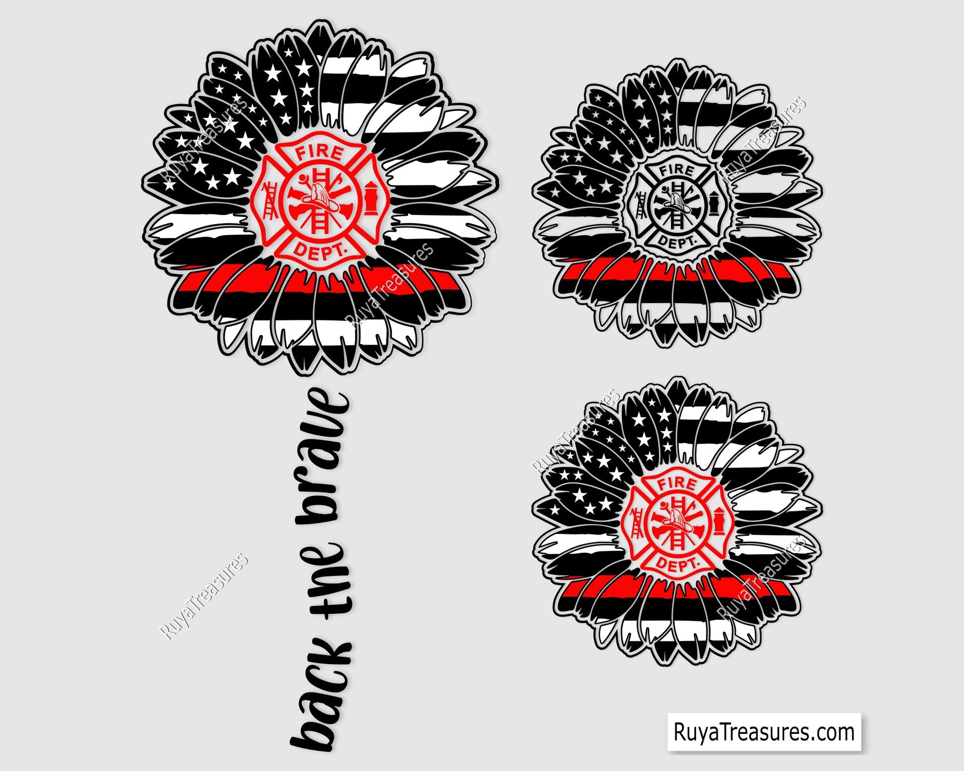firefighter sunflower thin red line design with fire dept badge for shirts decals and gifts