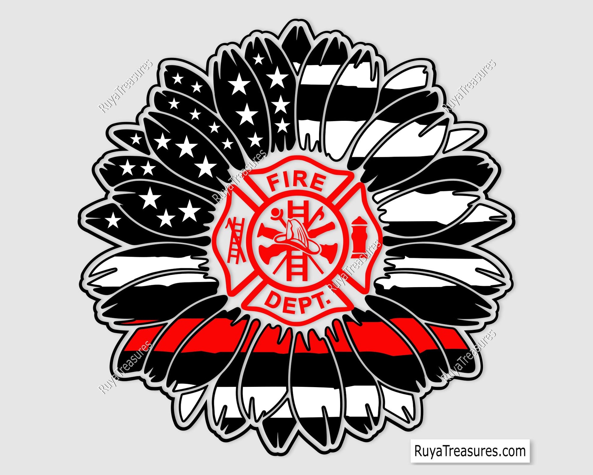 firefighter sunflower thin red line design with fire dept badge for shirts decals and gifts