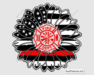 firefighter sunflower thin red line design with fire dept badge for shirts decals and gifts