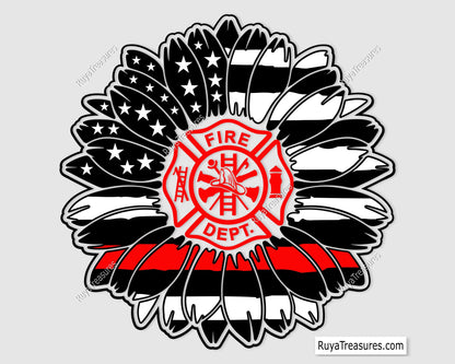 firefighter sunflower thin red line design with fire dept badge for shirts decals and gifts