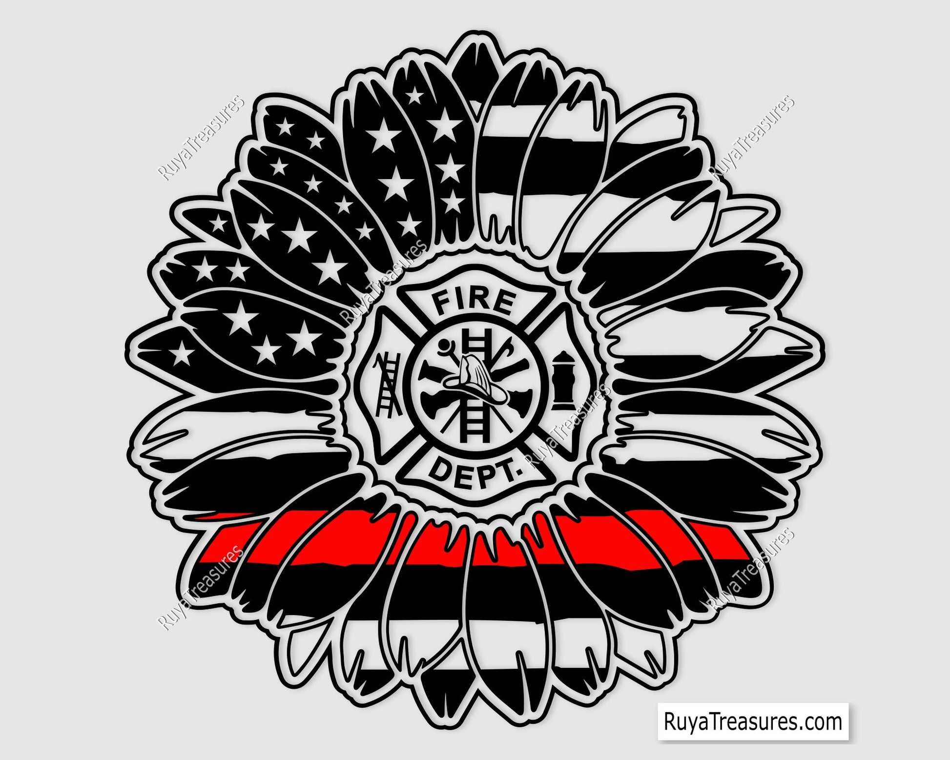 firefighter sunflower thin red line design with fire dept badge for shirts decals and gifts