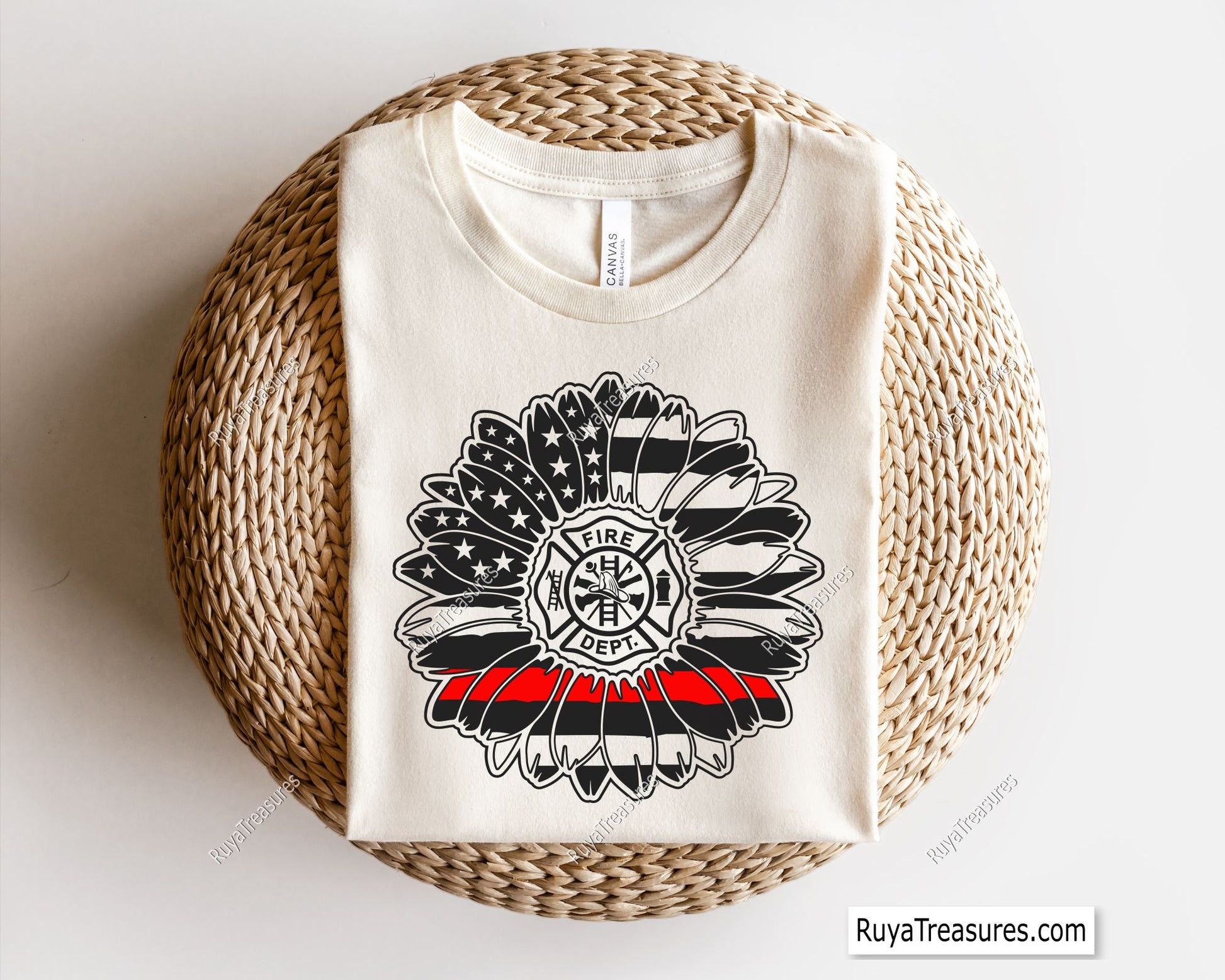 firefighter sunflower thin red line design with fire dept badge for shirts decals and gifts