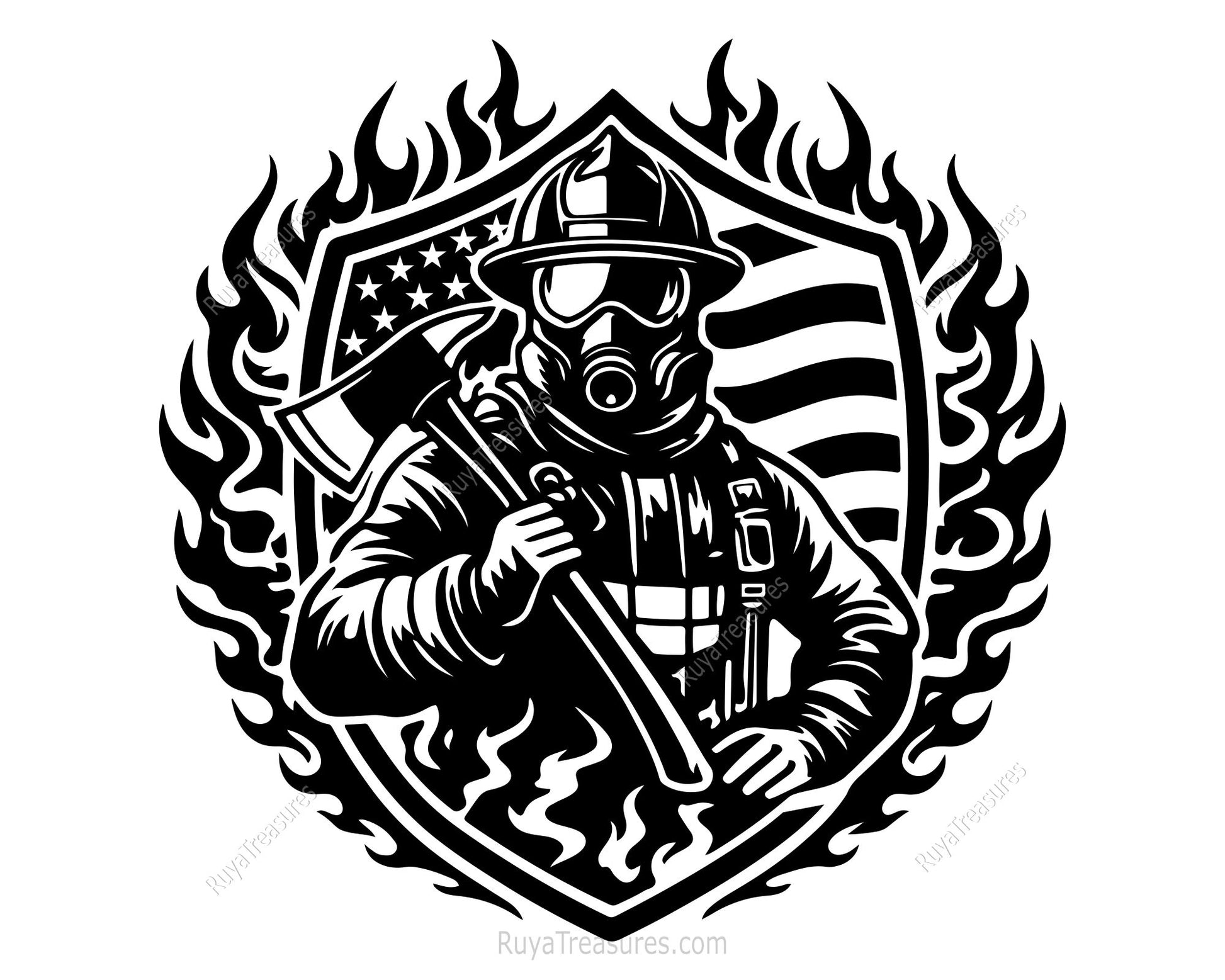 firefighter wearing mask holding axe with USA flag badge and flames design for decals apparel and firefighter themed projects