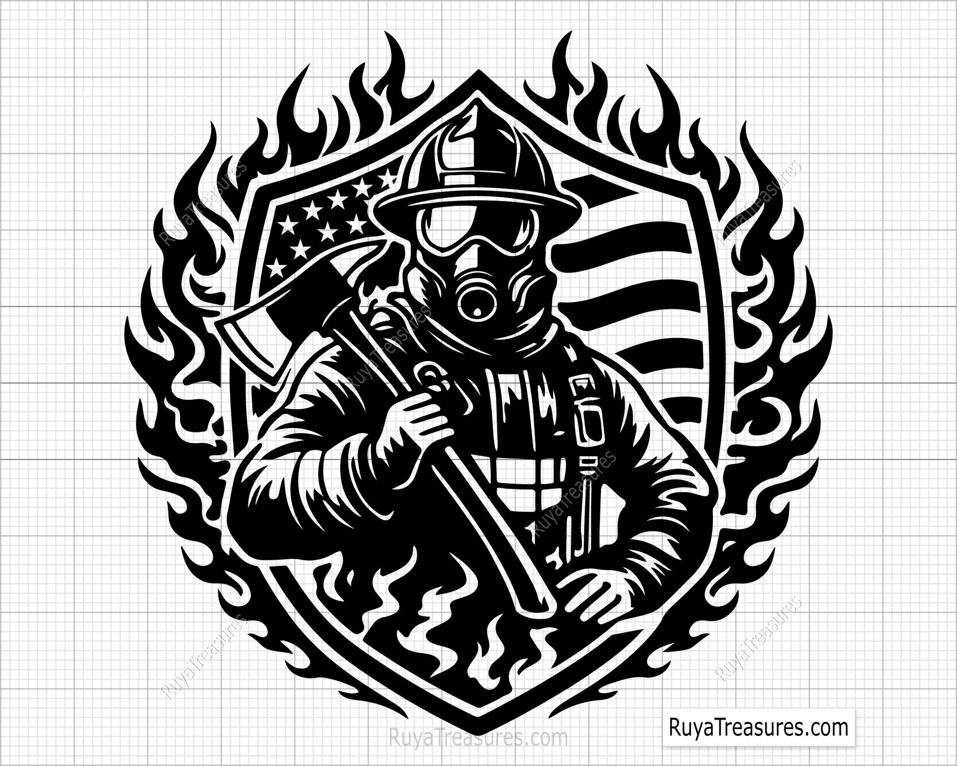 firefighter wearing mask holding axe with USA flag badge and flames design for decals apparel and firefighter themed projects