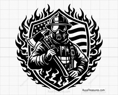 firefighter wearing mask holding axe with USA flag badge and flames design for decals apparel and firefighter themed projects
