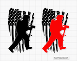 Firefighter silhouette carrying axe over distressed USA flag design in black and red for apparel decals and patriotic firefighter projects