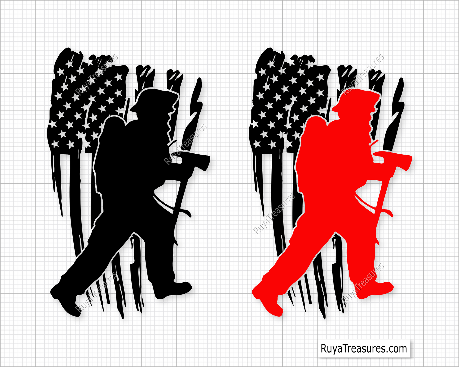 Firefighter silhouette carrying axe over distressed USA flag design in black and red for apparel decals and patriotic firefighter projects
