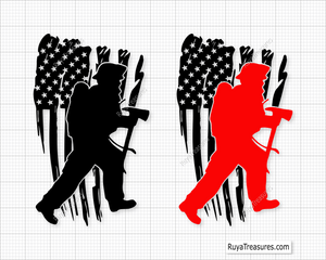 Firefighter silhouette carrying axe over distressed USA flag design in black and red for apparel decals and patriotic firefighter projects
