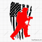 Firefighter silhouette carrying axe over distressed USA flag design in black and red for apparel decals and patriotic firefighter projects
