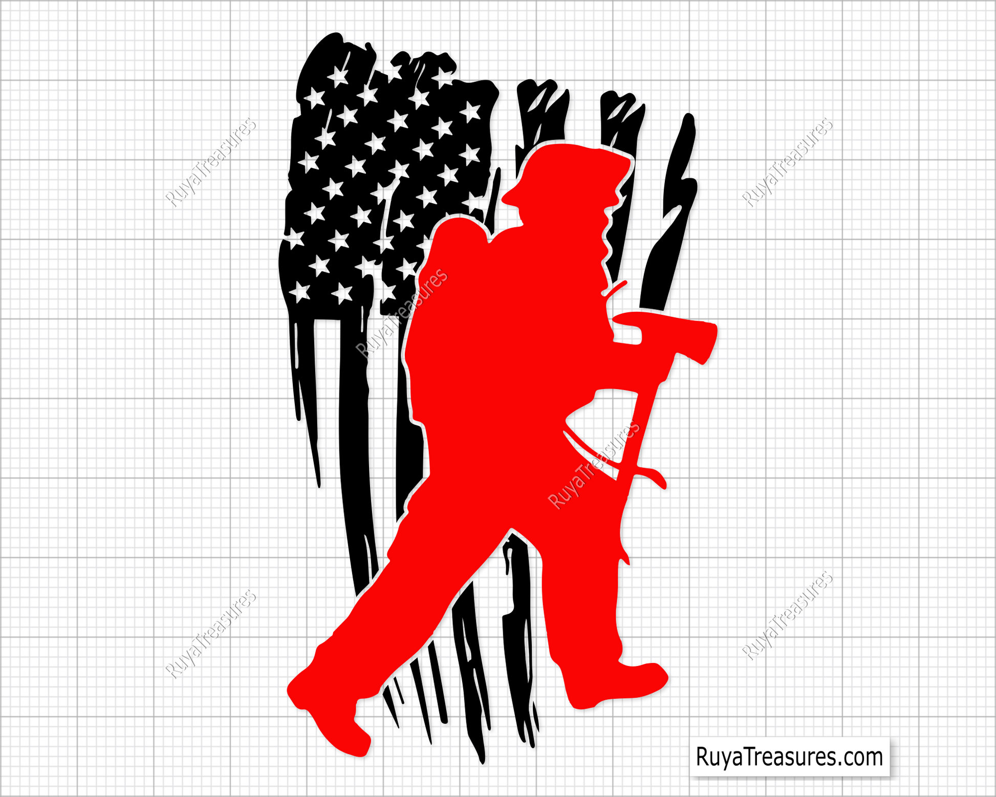 Firefighter silhouette carrying axe over distressed USA flag design in black and red for apparel decals and patriotic firefighter projects