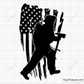 Firefighter silhouette carrying axe over distressed USA flag design in black and red for apparel decals and patriotic firefighter projects