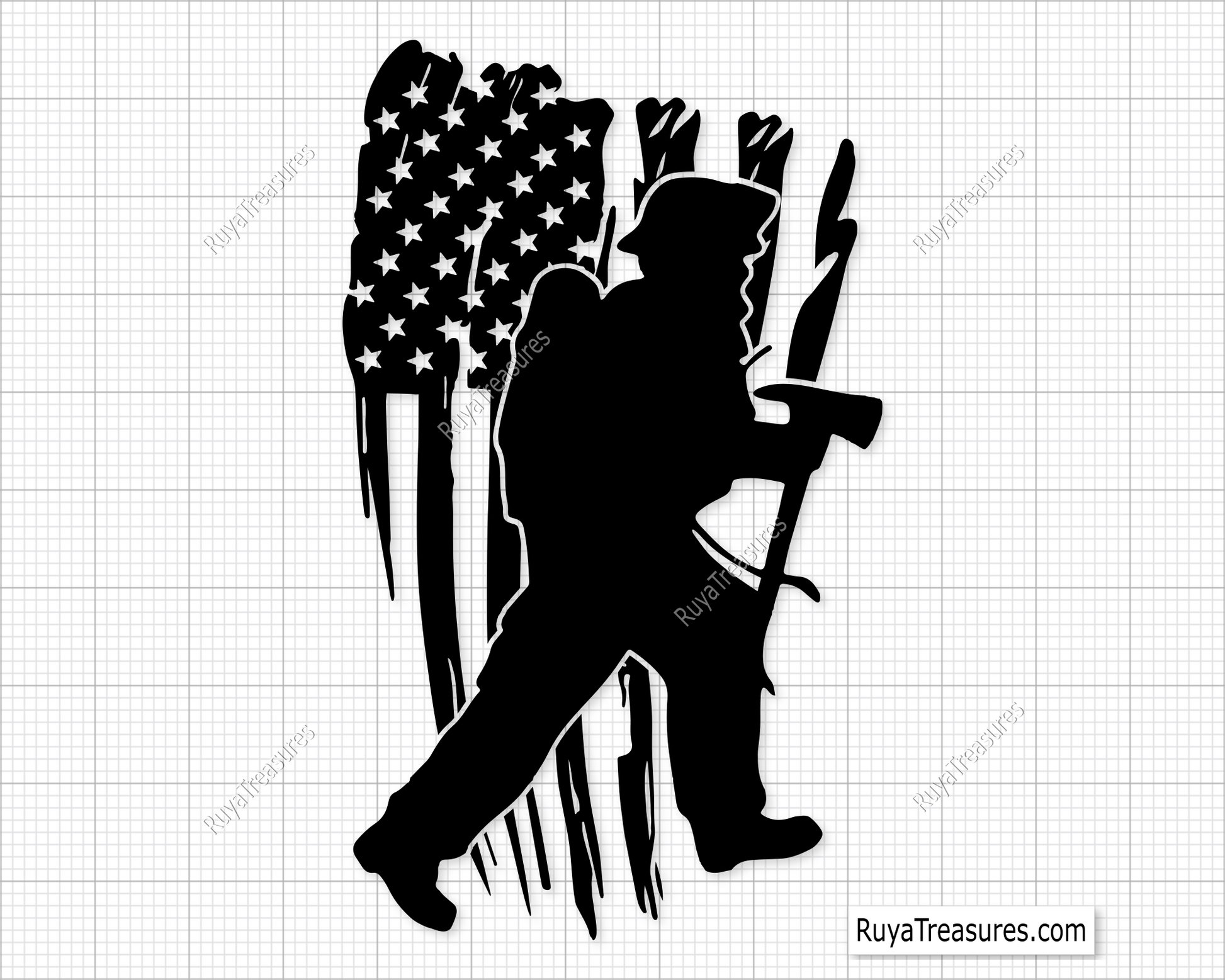 Firefighter silhouette carrying axe over distressed USA flag design in black and red for apparel decals and patriotic firefighter projects