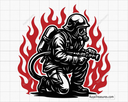 firefighter holding hose surrounded by flames action design for decals apparel and firefighter themed projects